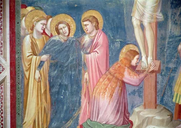 Ukřižování, detail Máří Magdalény a Panny Marie mezi svatým Janem a světicí, kolem roku 1303-05